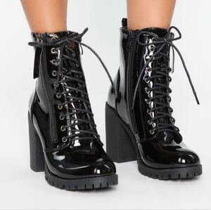 Black Patent Leather Heeled Combat Boots Sz9
